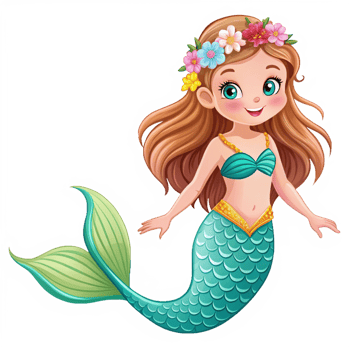 Adorable Little Mermaid with Flower Crown and Teal Fishtail png