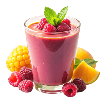 Delicious Raspberry Orange and Corn Smoothie in a Glass with Fresh Fruit Garnish png