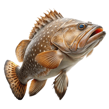 Closeup of a large spotted grouper fish with prominent dorsal fin and orange fins png