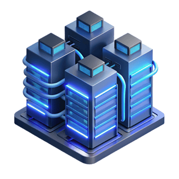 elegant contemporary A futuristic data center with rows of servers and glowing cables, illuminated by cool blue light, isometric style high resolution png