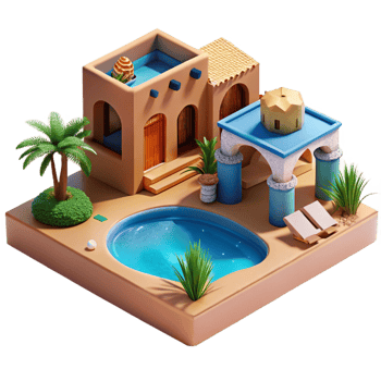 vibrant traditional Desert oasis resort, adobe architecture, cool blue pool, shimmering heat haze, luxurious and relaxing, travel photography style, 4K png