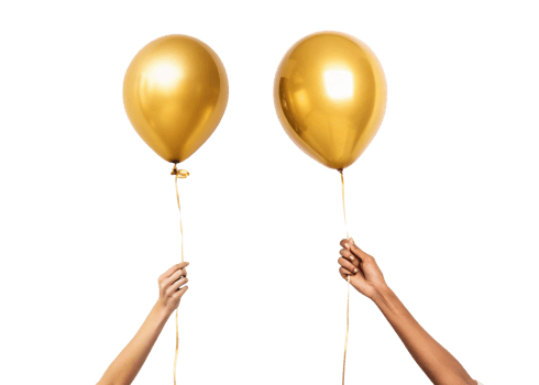 Golden balloons held by hands create festive atmosphere, perfect for celebrations and parties png