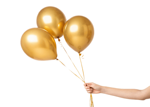 Golden balloons held in hand, perfect for celebrations and festive occasions, radiating joy and elegance png