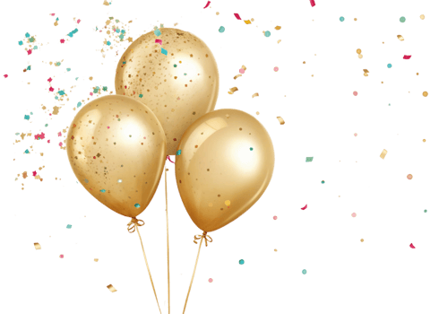 Golden balloons with confetti create festive atmosphere, perfect for celebrations and parties png