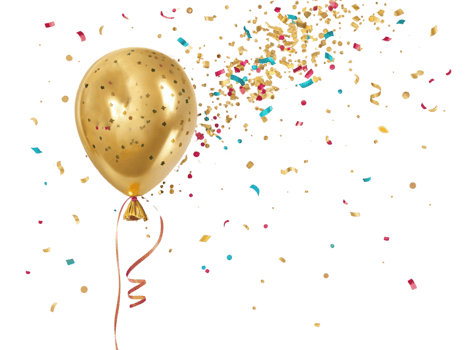 festive gold balloon with colorful confetti and streamers, perfect for celebrations and parties, brings joy and excitement to any occasion png