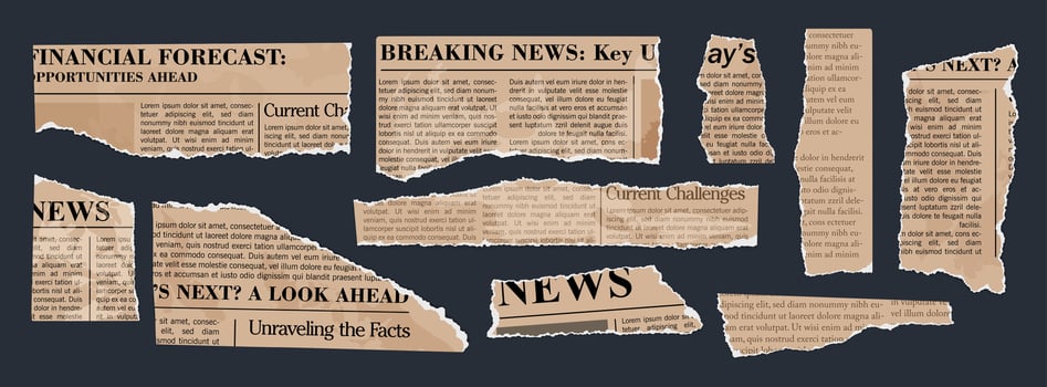 Torn newspaper. Old newspapers clipping set. Vintage paper pieces with jagged edges. Torn paper elements with typography. Ripped scraps for modern scrapbook collage. set vector