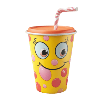 Joyful 3D Cartoon Soda Cup with Lid and Straw Isolated on Transparent Background png