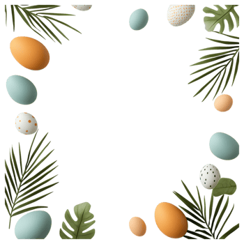 Free Isolated on Transparent Background, Colorful easter eggs and tropical leaves create vibrant frame perfect for spring celebrations png