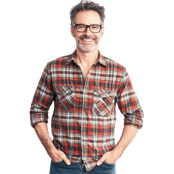 Happy Middle-Aged Man in Plaid Shirt with Glasses and Hands in Pockets Isolated on Transparent Background png