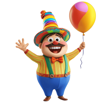 Fun Toon Town Resident with Colorful Hat and Balloon Isolated on Transparent Background png