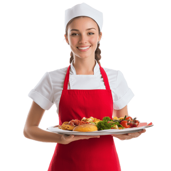 Friendly Waitress Holding Tray of Food with Warm Smile Isolated on Transparent Background png