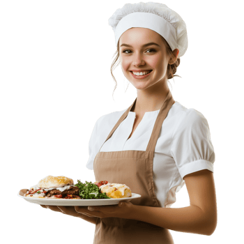 Warm Smiling Waitress Holding Tray of Food Isolated on Transparent Background png