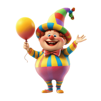 Cheerful Toon Town Resident with Colorful Hat and Balloon Isolated on Transparent Background png