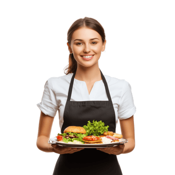 Happy Waitress with Tray of Food and Warm Smile Isolated on Transparent Background png