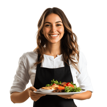 Joyful Waitress with Tray of Food and Warm Smile Isolated on Transparent Background png