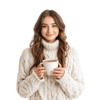 Smiling Young Woman in Cozy Winter Sweater with Hot Cocoa Isolated on Transparent Background png