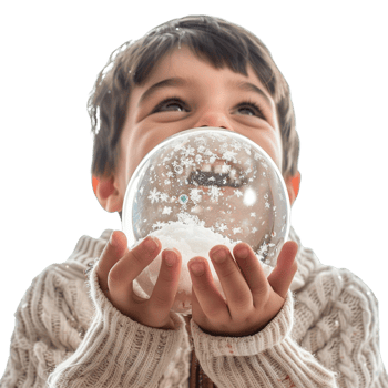 Excited Child Holding Snow Globe with Winter Wonderland Snow Isolated on Transparent Background png