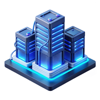 serene minimalist A futuristic data center with rows of servers and glowing cables, illuminated by cool blue light, isometric style high resolution png