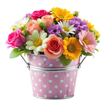 A delightful pink polka dot bucket overflowing with a vibrant mix of colorful flowers png