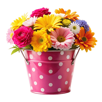 Vibrant Bouquet of Gerbera Daisies Ranunculus and other Flowers in a Pink Polka Dot Bucket png