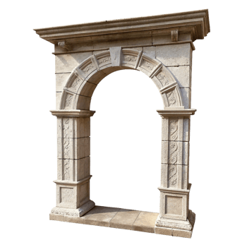 Elegant Stone Archway Entrance with Intricate Carvings and Decorative Pillars png