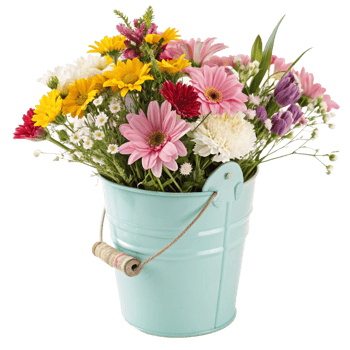 Vibrant Spring Flowers in a Light Green Metal Bucket png