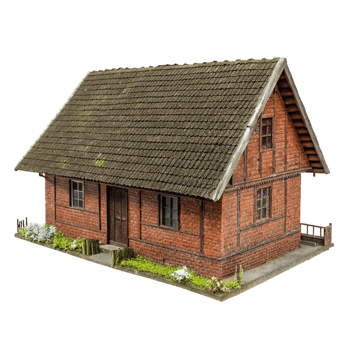 Detailed Model of a Rustic Brick House with Gabled Roof and Small Garden png