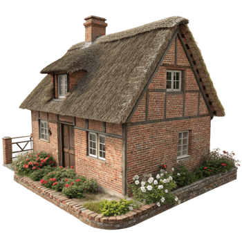 Charming English Country Cottage with Thatched Roof and Brick Exterior png