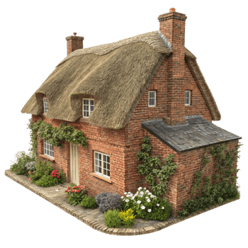 A Charming English Country Cottage with Thatched Roof and Brick Walls png
