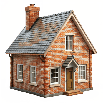 Charming Brick Cottage House Exterior with Brown Roof and Wooden Steps png