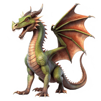 A digitally rendered image of a friendly green dragon with large brown wings sitting on a black background png