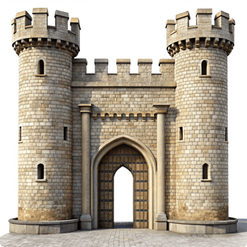 Majestic Medieval Castle Gatehouse with Two Towers and Archway Entrance png