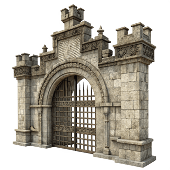 Ancient Stone Archway Gate with Intricate Carvings and Metal Grille png