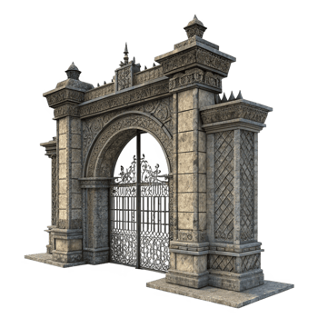 Ornate Stone Archway Gate Entrance with Intricate Metalwork Design png