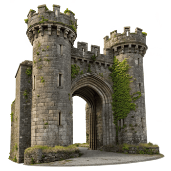 Ancient Stone Archway Gate of Medieval Castle Fortress with Ivy and Round Towers png