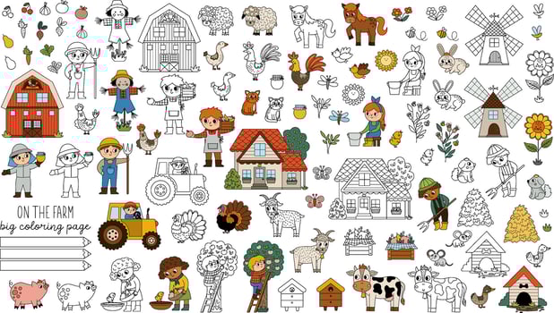 Big farm coloring pages set. Rural colored and black and white icons collection with funny kid farmers, barn, country house, animals, birds, tractor. Cute line village or garden illustrations vector