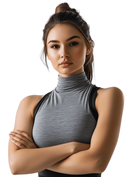 Confident fitness woman in gray sports top isolated on transparent background png