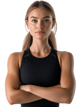 Fit blonde woman with arms crossed in black sportswear isolated png