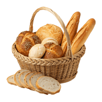 Assortment of fresh baked breads in a wicker basket png