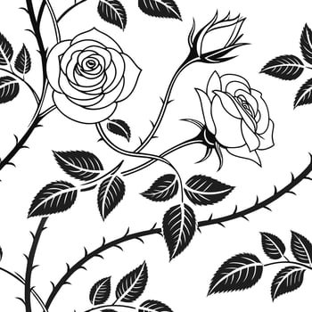 Fine Line Floral Pattern with Blooming Roses and Leaves vector