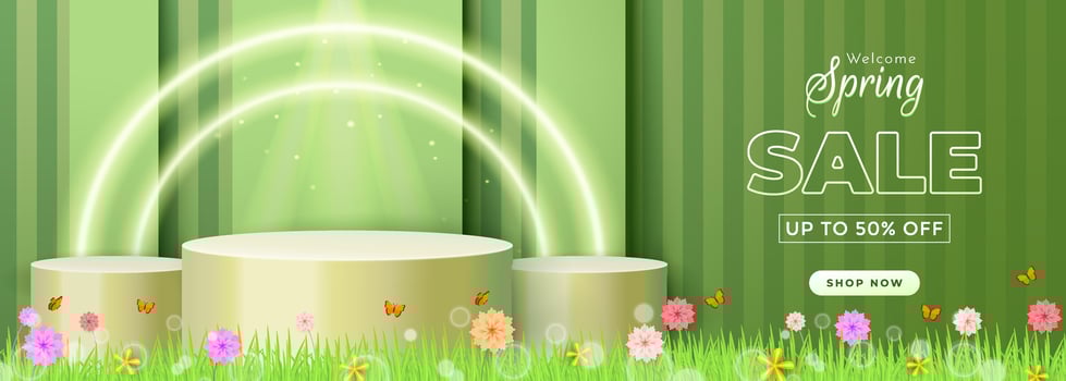 Spring Sale Advertising Banner with 50 Percent Discount Offer and Green Floral Background vector