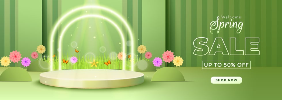 Welcome Spring Sale Banner with Floral Decoration and Green Background vector