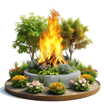 a fire pit surrounded by flowers and trees png