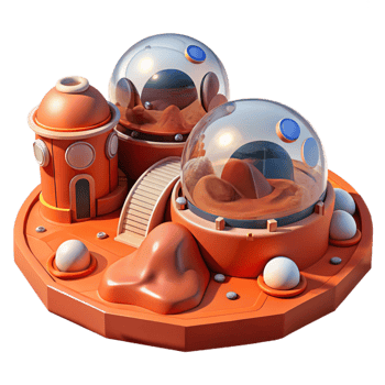 elegant rustic Martian colony with inflatable habitats, red planet landscape, harsh sunlight, sci-fi style premium png