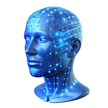 dramatic artistic A transparent human head filled with swirling binary code, illuminated from within by a cool, electric blue light, abstract art style genuine png