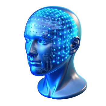 vibrant classic A transparent human head filled with swirling binary code, illuminated from within by a cool, electric blue light, abstract art style authentic png