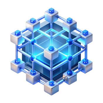 impressive traditional A network of interconnected servers forming a complex, geometric structure, glowing with internal light, illuminated by soft blue light, isometric style high quality png