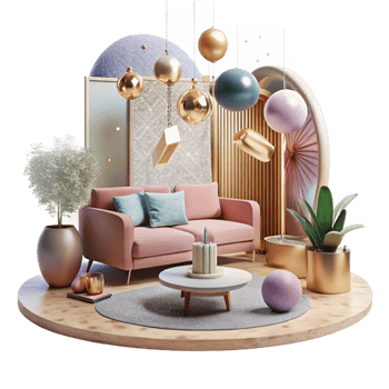extraordinary vintage Interior Design Modern Living Room Scene Isolated authentic png