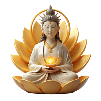 wonderful modern A serene Buddhist Guanyin, the bodhisattva of compassion, meditating on a lotus flower, surrounded by a halo of golden light, traditional Chinese painting style authentic png
