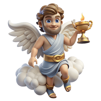 dramatic contemporary A mischievous Greek Hermes, the messenger god, with winged sandals and a caduceus, delivering a message amidst a swirling cloud of dust, classical Greek vase painting style 4K png